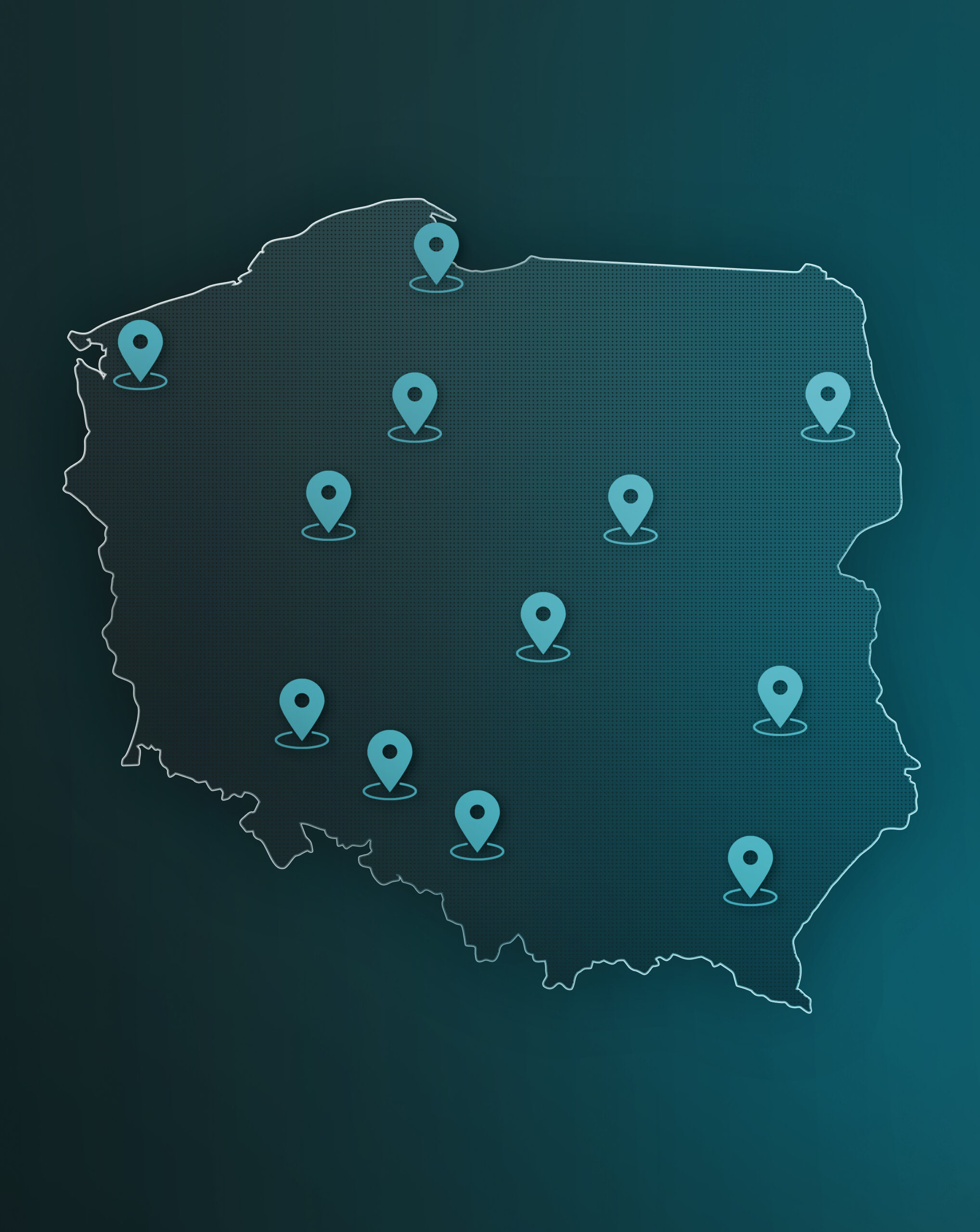 mapka Mapa Polski z zaznaczonymi lokalizacjami, symbolizująca ogólnopolską sieć kancelarii i dostępność pomocy prawnej.