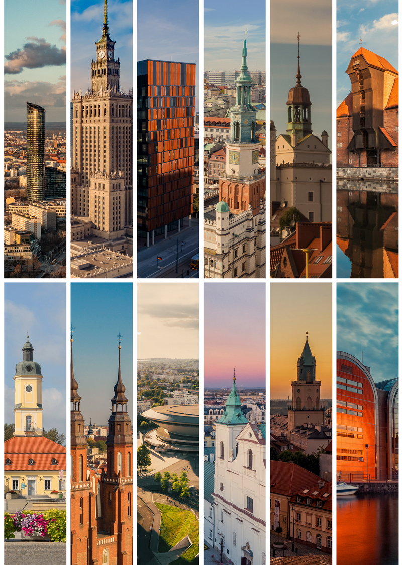 prawnik-votum-legal - 1 Kolaż panoram i charakterystycznych zabytków polskich miast, m.in. Warszawy, Poznania, Gdańska i Katowic, symbolizujący ogólnopolską działalność Votum Legal.